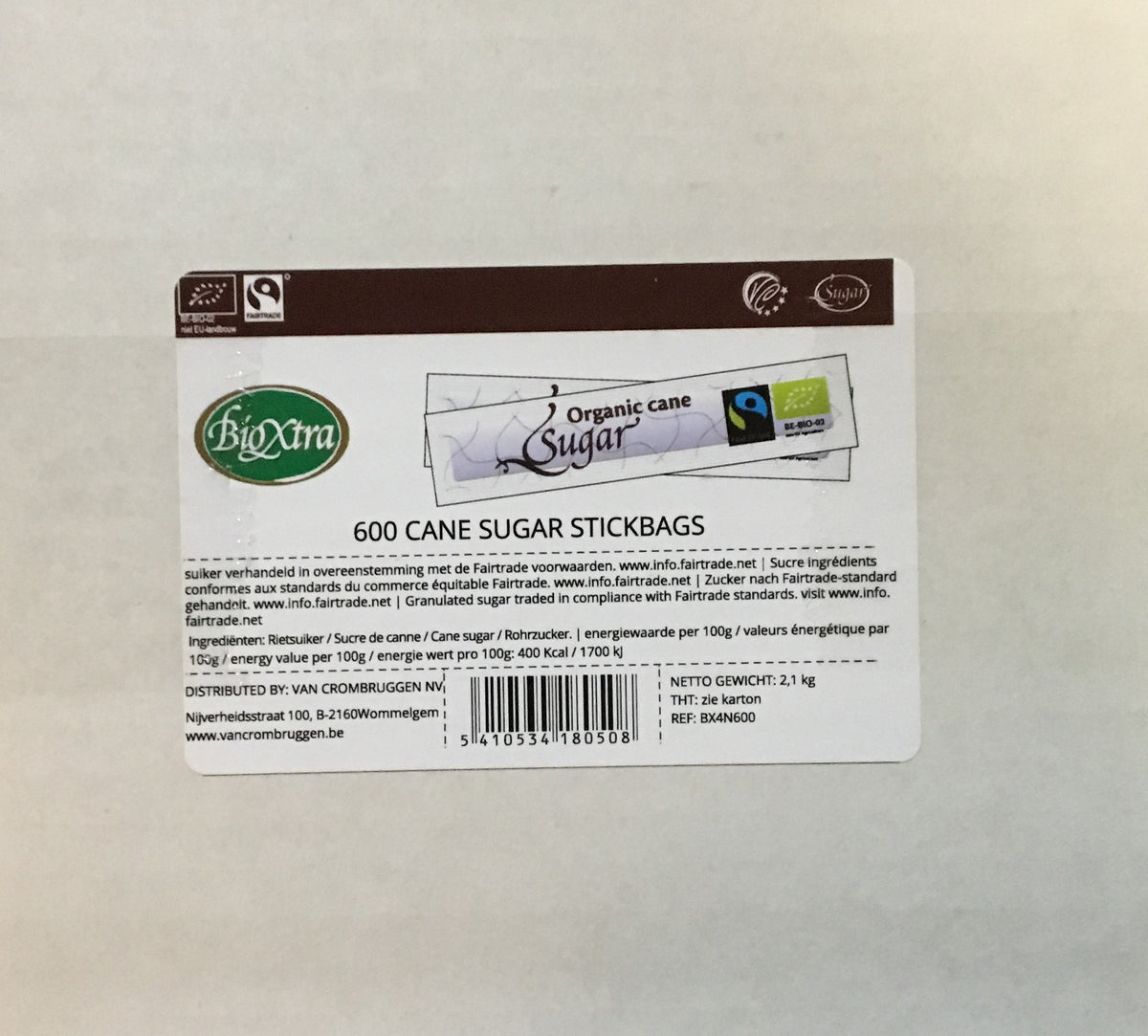 Cane sugar sticks 3.5 g. Organic Fairtrade® 600 pcs / dispenser